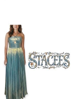 Stacees Sky Blue Gold Metallic Shimmer Floor Length gown with side slit size 2